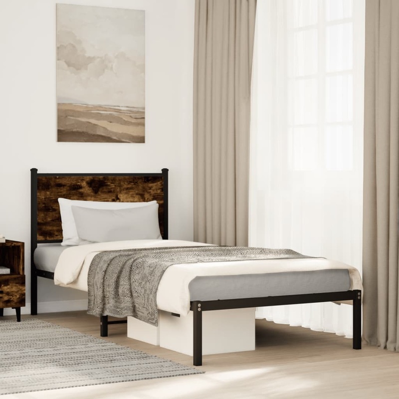Cadre de lit en mtal sans matelas chne fum 90x190 cm