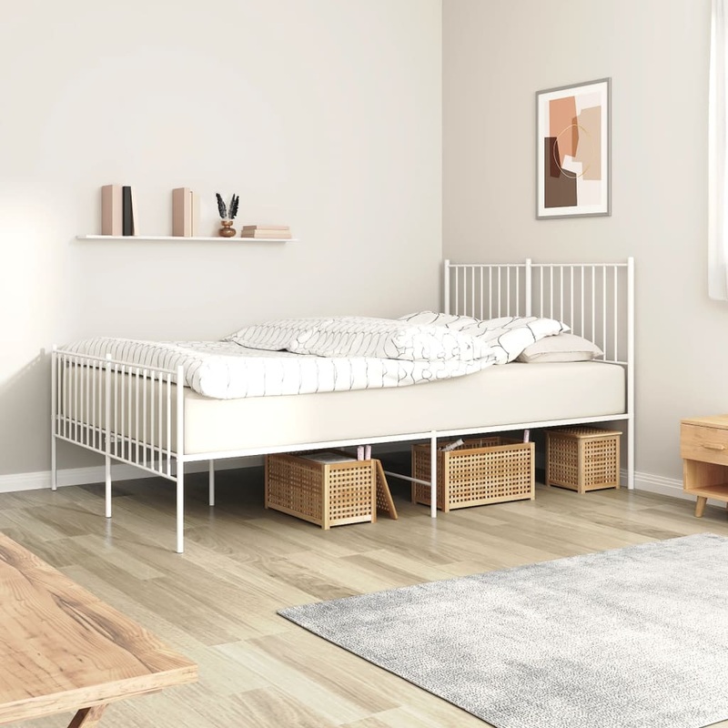 Cadre de lit mtal sans matelas et pied de lit blanc 140x190 cm
