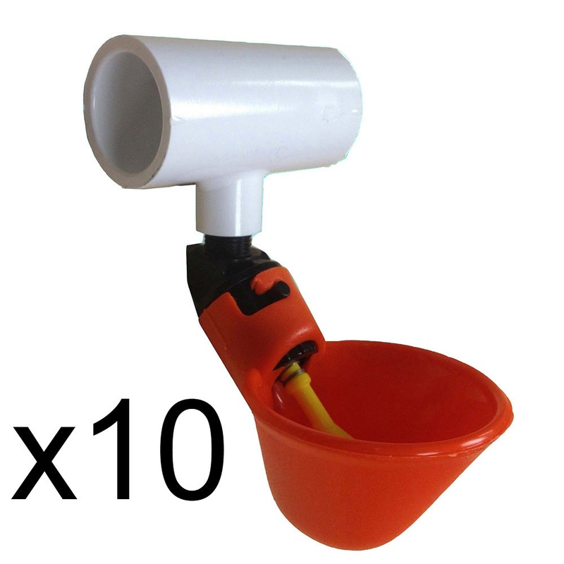 10 AUTOMATIC WATERING DRINKER CUPS & PVC TEE FITTINGS 1/2" CHICKEN POULTRY COOP