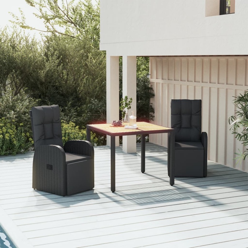 Ensemble  manger de jardin 3 pcs Noir Poly rotin et acacia
